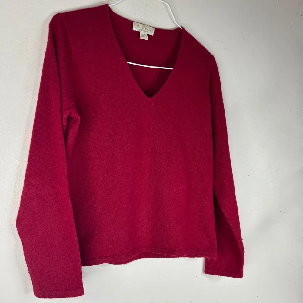 Mainbocher Sweater Womens L Red 100% Cashmere V-Neck Long Sleeve Knit Pullover
